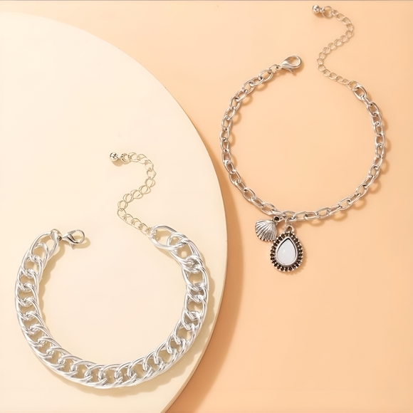 2 piece Silver Chunky Chain Sea Shell Charm Bracelet - Picture 4 of 4